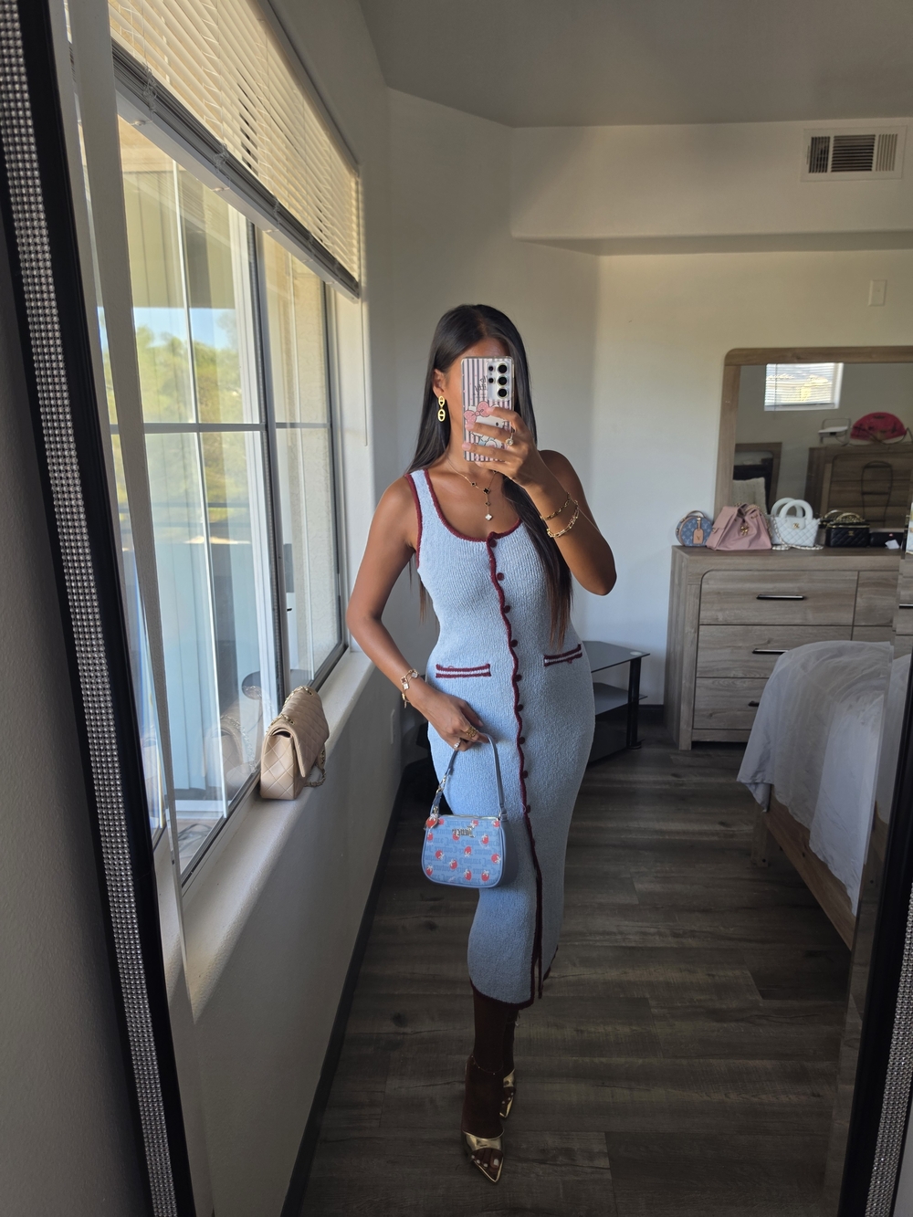 Light Blue Knit Midi Dress with Burgundy Trim Stretchy - Picture 7 of 17